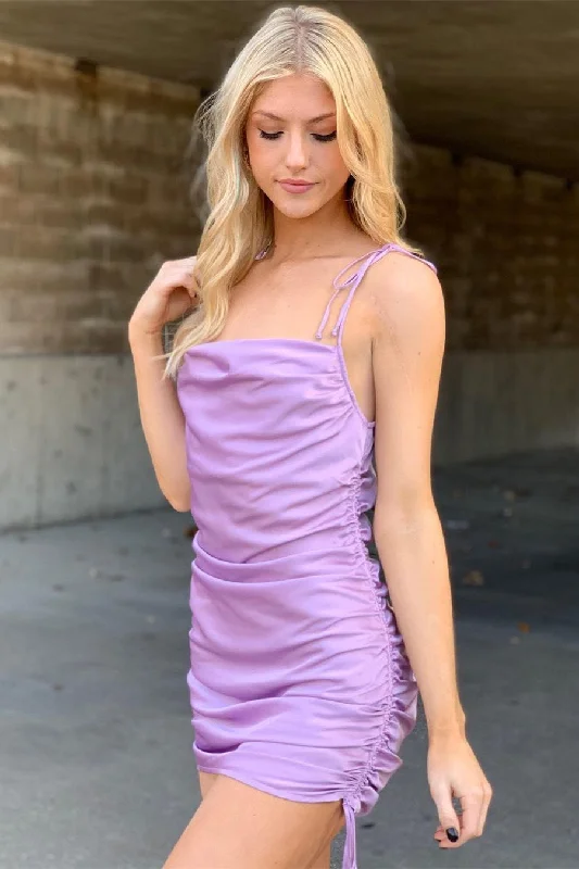 Markdowns Tie Shoulder Lilace Pleated Homecoming Dress Party Dress