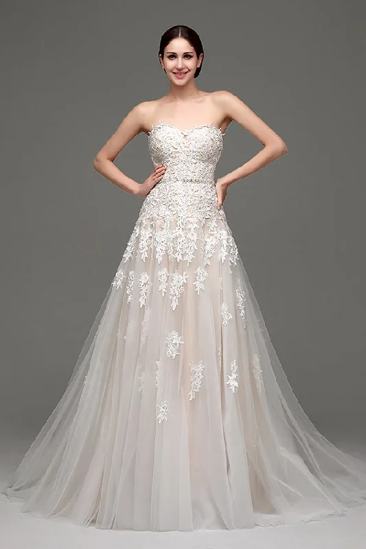 Extra Discounts Long Lace-Up A-line Sweetheart Ivory Wedding Dress with Appliques