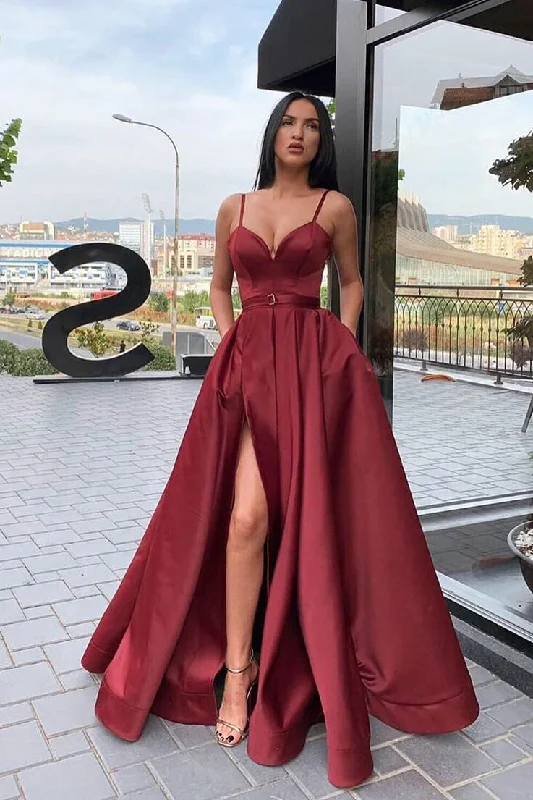 Deal Explosion Straps A-Line Maroon Long Prom Dress with Slit