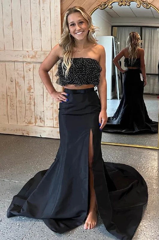 Weekend Special Two piece Black Strapless Mermaid Satin Long Dress