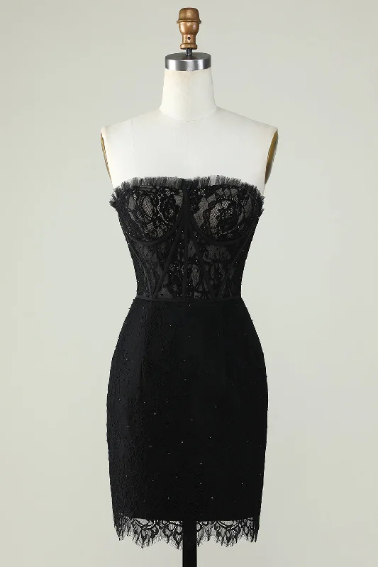 Reduced Prices Strapless Black Ruffles Lace Tight Homecoming Dress with Rhinestones