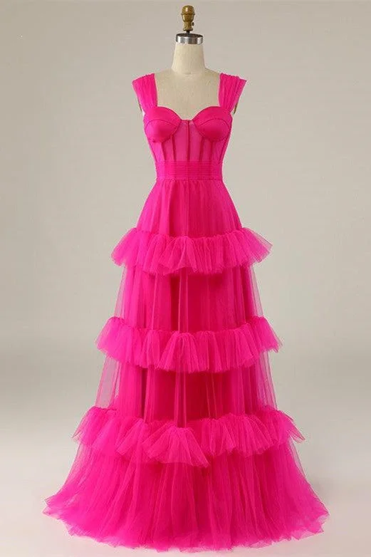 Price Fest Straps Hot Pink Ruffle Tiered Long Prom Dress