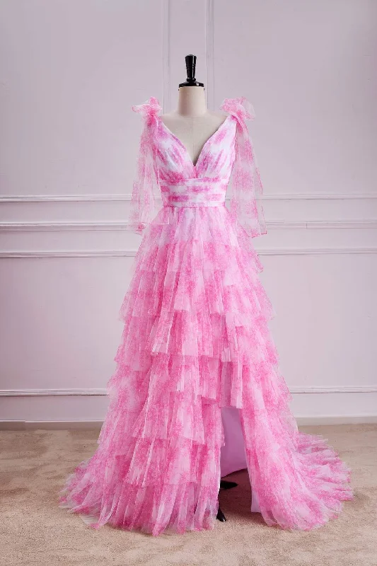 TIME-Limited Offer V-Neck Pink Floral Print Bow Tie Straps Ruffle Prom Dress