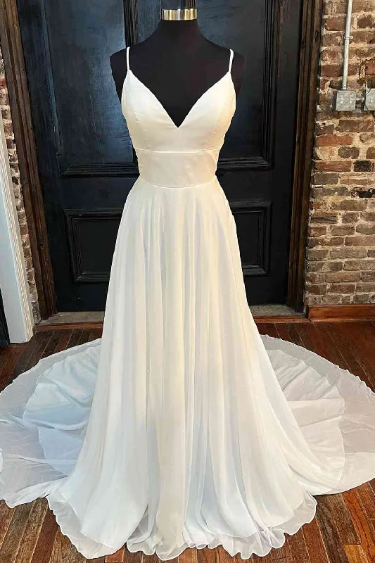 Online Specials Lace Back White V-Neck A-Line Long Birdal Dress