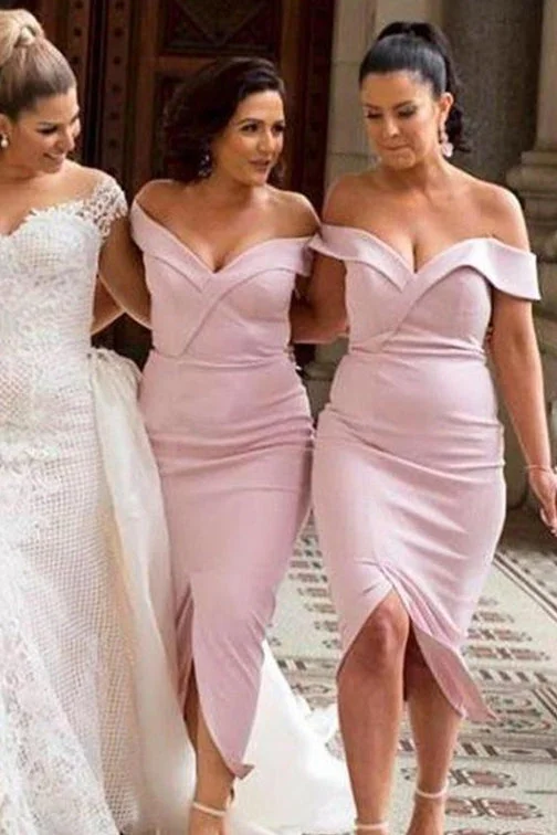 Must-Have Deals Mermaid Off Shoulder Pink Bridesmaid Dress with Slit Front