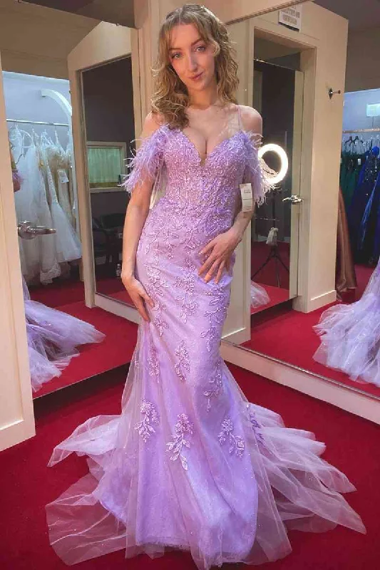Fantastic Offers Lavender Feahter Cold Shoulder Mermaid Prom Dress