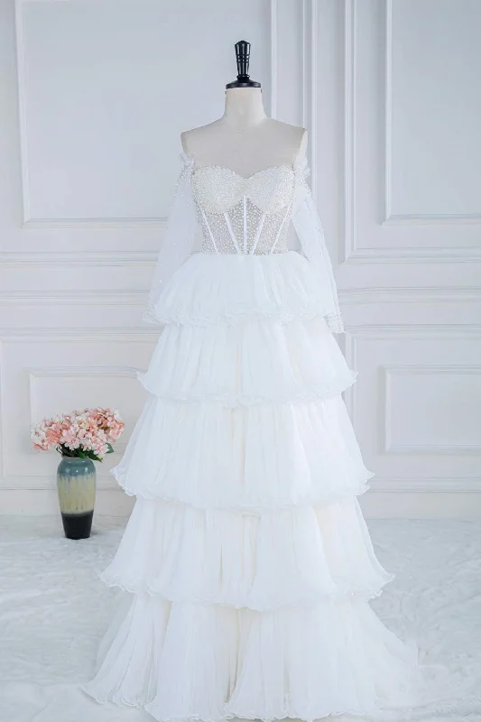 Mega Sale Off the Shoulder White Beaded Top Ruffle Tiered Prom Dress