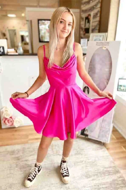 Buy More, Save More Straps Hot Pink Cowl Neck Short Party Dress