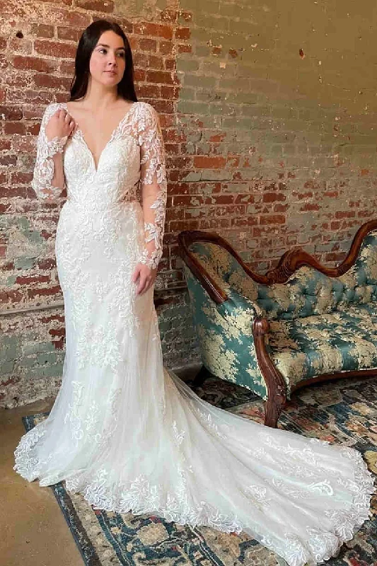 Season Finale Sale Plunging V-Neck Lace Bridal Dress with Illusion Sleeves