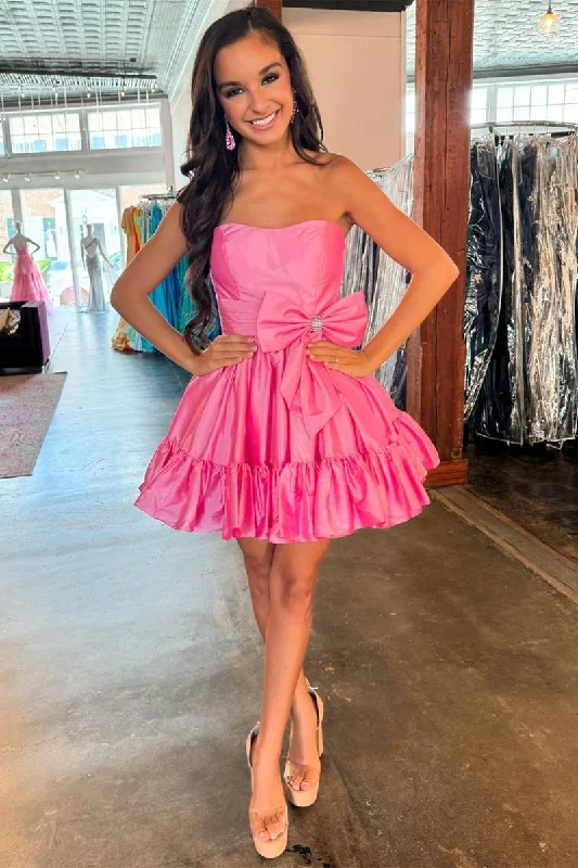 Time-Limited Offer Strapless Pink Taffeta A-line Short Party Dress with Bow