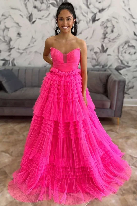 Quick Sale Hot Pink Strapless A-Line Tiered Tulle Formal Dress