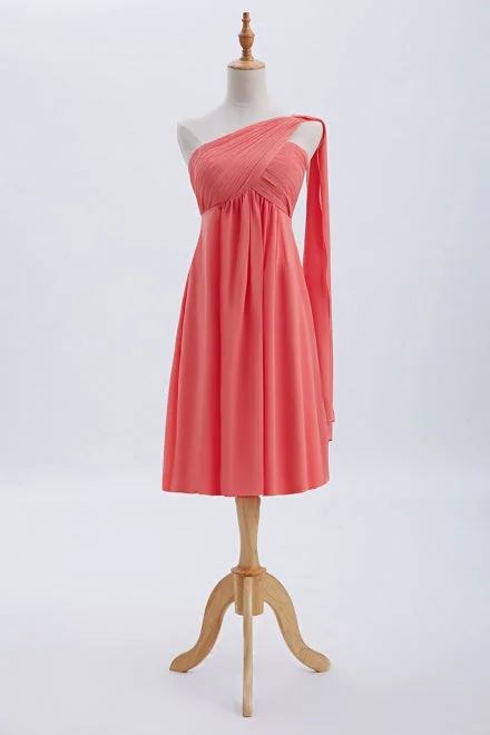 Epic Deals Empire Waist Coral One Shoulder Short Bridesmaid Dress