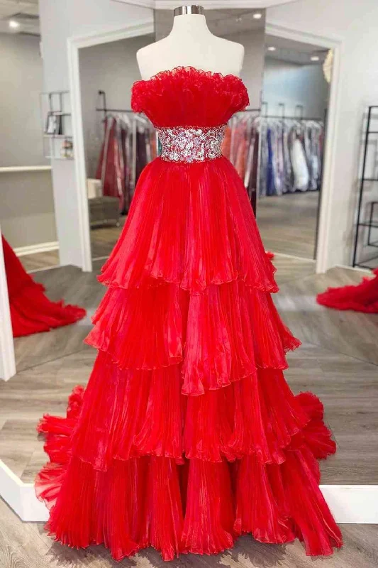 Price Drop Red Pleated Ruffle Long Prom Dress with Crystal Belt
