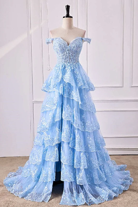 Referral Discount Light Blue Off the Shoulder Floral Layers Long Prom Dress with Slit