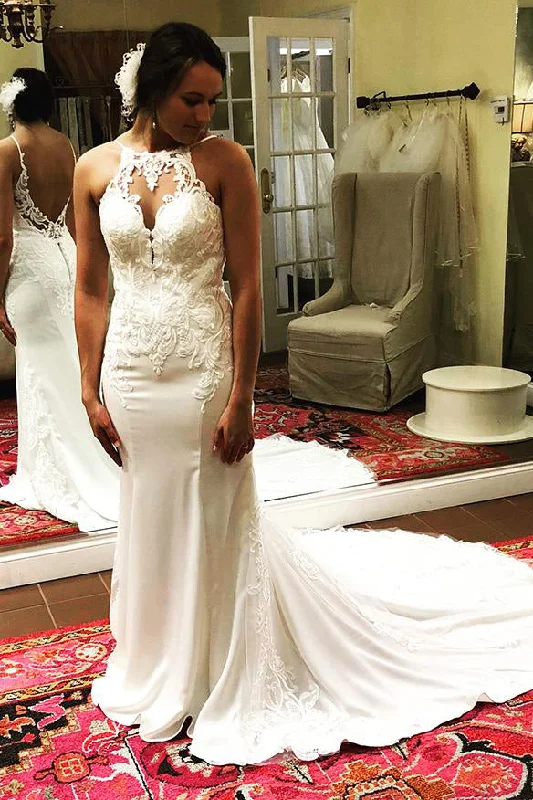 Lowest Price Long Mermaid Open Back Ivory Wedding Dress with Lace