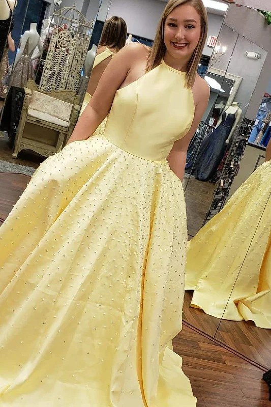 Special Savings Elegant Halter Beaded Hollow Out Yellow Prom Dress