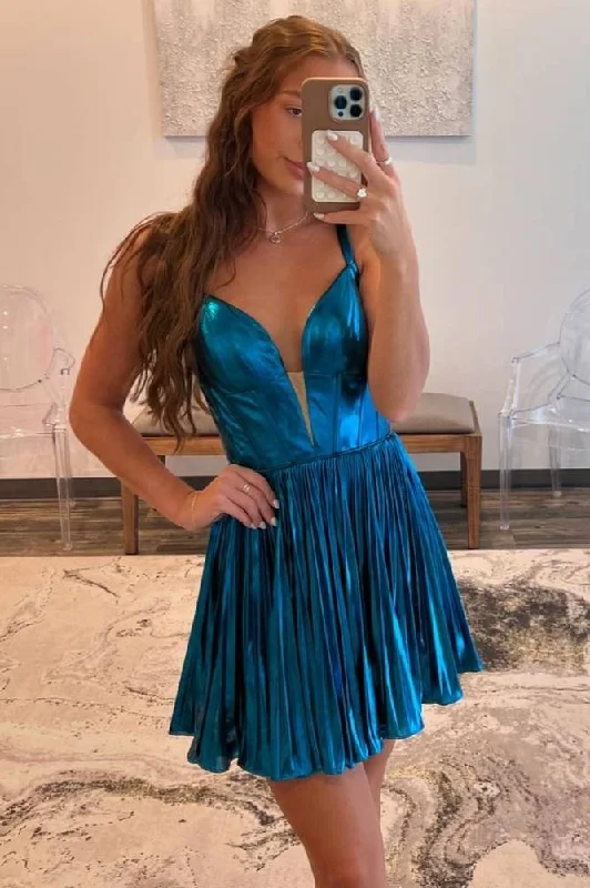 Limited Edition Blue Metallic A-line Homecoming Dress Plunging Neck