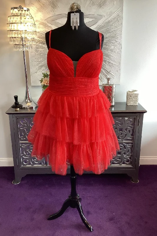 Exclusive Savings Straps Plunging Tiered Short Homecoming Dress Red A-Line