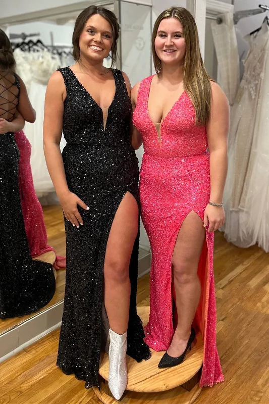 Sneak Peek Sale V-Neck Fitted Lace-Up Back Sequins Long Prom Dress with Slit