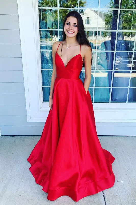 The Best Prices Elegant V Neck Straps Red Long Prom Dress with Pockets