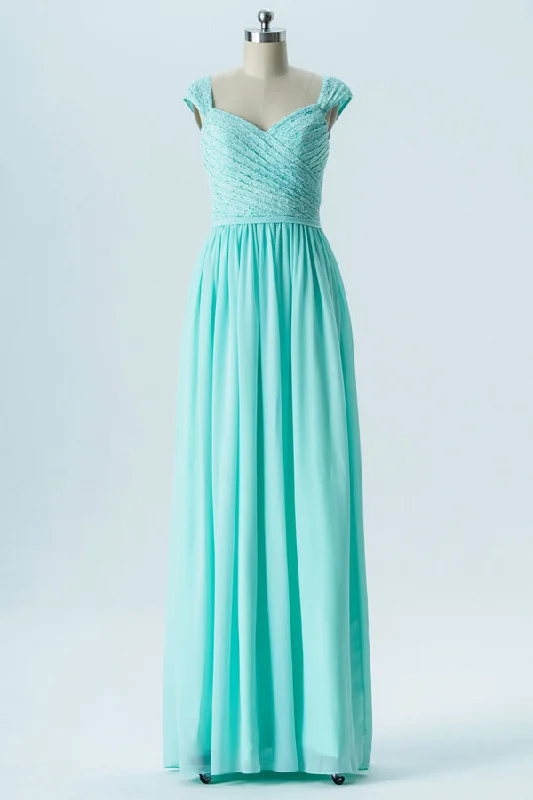 Weekend Flash Sale Mint Green Cap Sleeves Long Bridesmaid Dress
