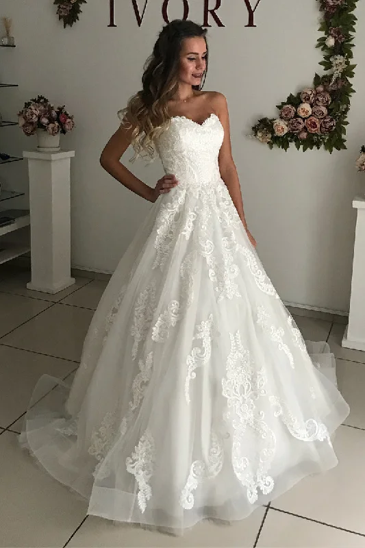 Savings Spectacular Princess Long Strapless A-line White Wedding Dress with Lace