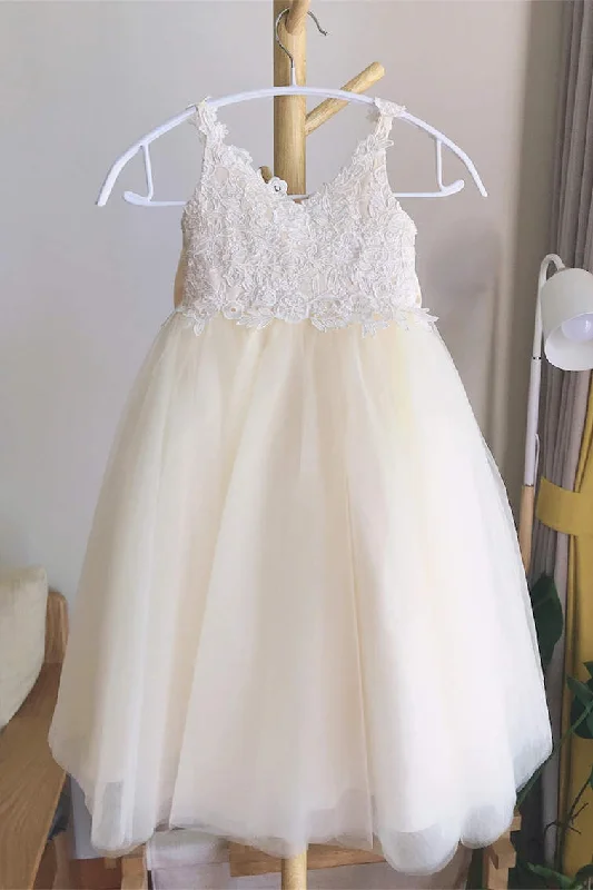 Sneak Peek Sale Cute Champagne V-neck Lace Flower Girl Dress