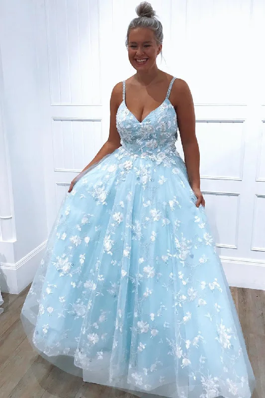 Super Sale Beaded Straps Floral Appliques Light Blue Long Prom Dress