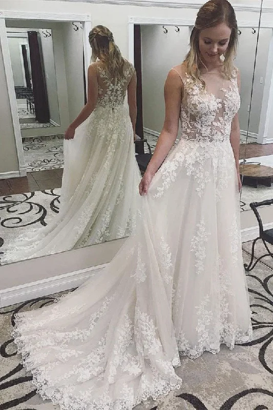 New Deals Long Lace Appliqued A-line White Wedding Dress with Court Train