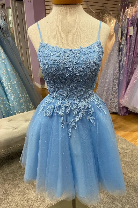 Exclusive Offers Blue Appliques Straps A-line Tulle Homecoming Dress