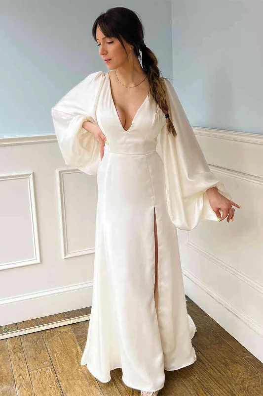 New Deals Plunging V-Neck Backless Ivory Wedding Dress with Sleeves