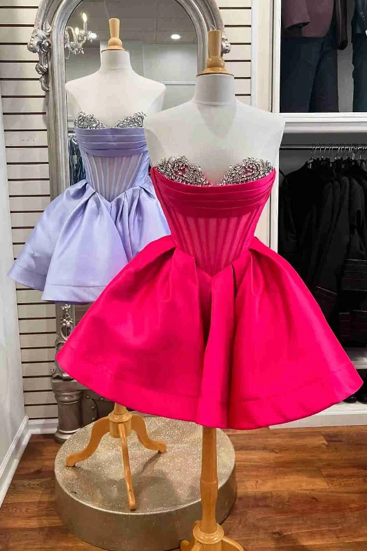 Lowest Price Sweetheart Hot Pink Pleated Short Party Dress with Rhinestones