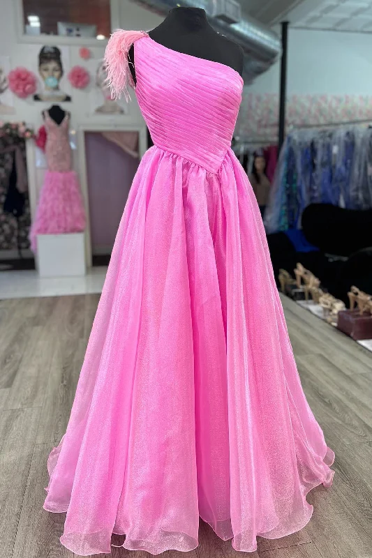 Best Bargains Hot Pink A-line One Shoulder Pleated Long Prom Dress with Feathers