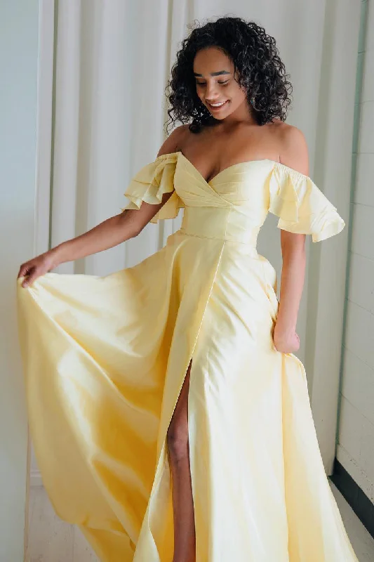 Last Chance Off Shoulder Ruffles Long Yellow Prom Dress with Slit