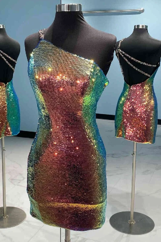 Blowout Sale One Shoulder Omber Sequins Tight Homecoming Dress