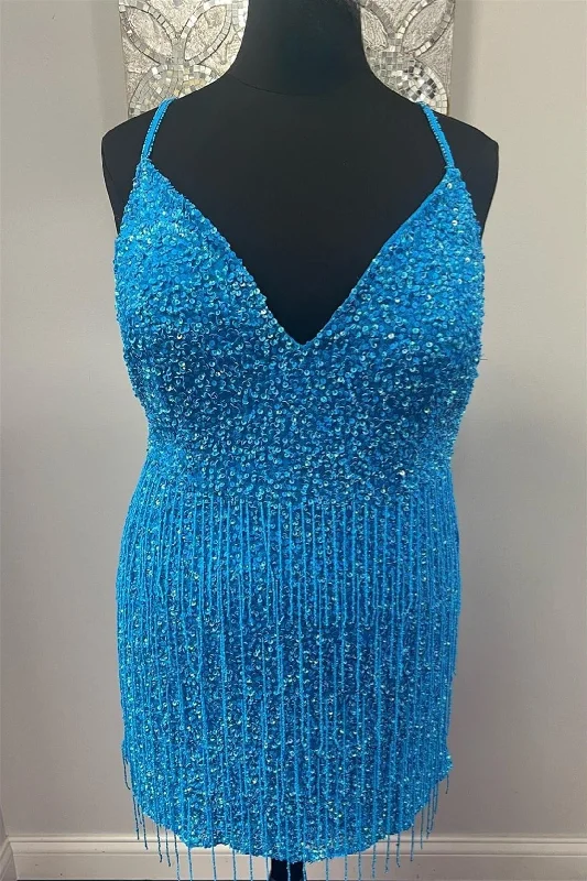 Exclusive Access Blue Jay Sequins V Neck Straps Homecoming Dress with Tassels