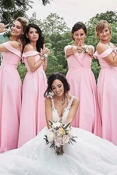Extra Discounts A-Line Cold Sleeve Pink Bridesmaisd Dress