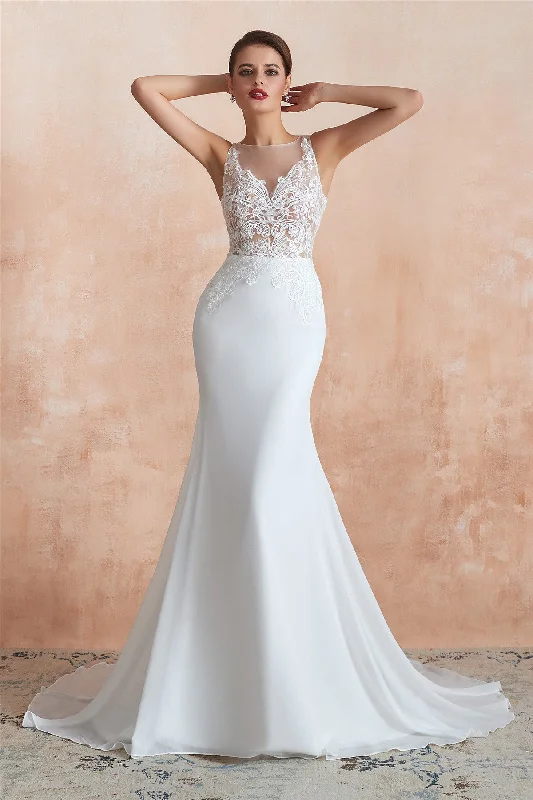 Exclusive Savings Sexy Long Mermaid See-Through White Wedding Dress with Lace Top