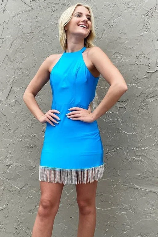 Super Deal Cute Halter Blue Short Homecoming Dress with Tassel