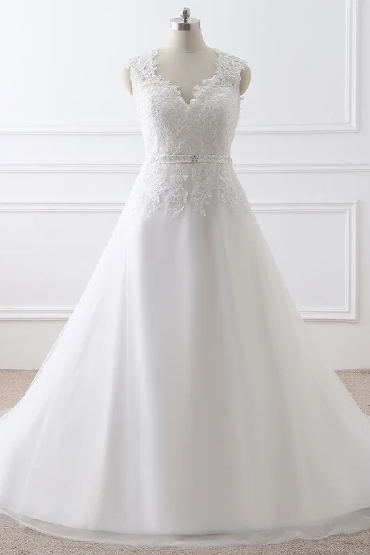 Now or Never White Appliques Long Wedding Gowns with Beading Belt