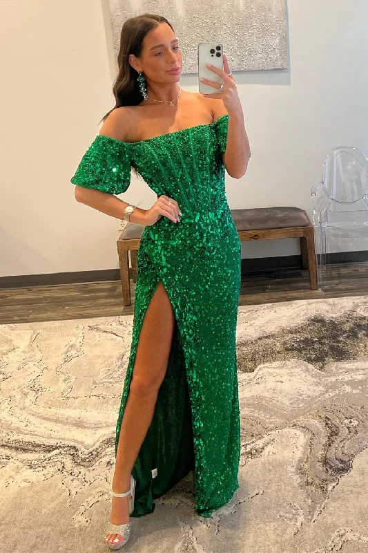 Final Clearance Hunter Green Mermaid Off-the-Shoulder Sequins Long Prom Dress