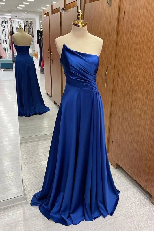 Buy Now Royal Blue Satin Strapless Pleated Long Prom Dress