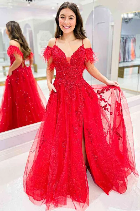 Shop and Save Red Feather Cold Shoulder A-Line Formal Dress with Appliques