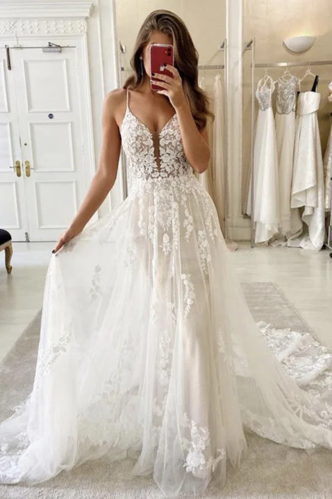 Special Price A-line Straps Long White Tulle Bridal Dress with Lace