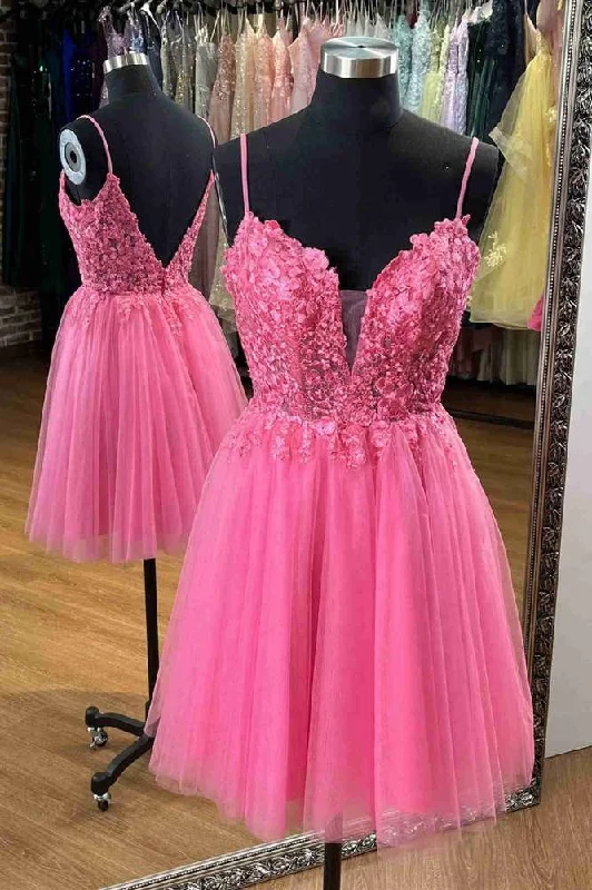 New Markdowns Hot Pink Straps Appliques Short A-Line Homecoming Dress