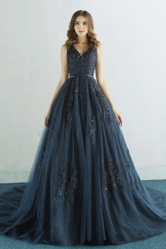 Members Only Elegant A Line Navy Blue Long Prom Dress with Lace Appliques