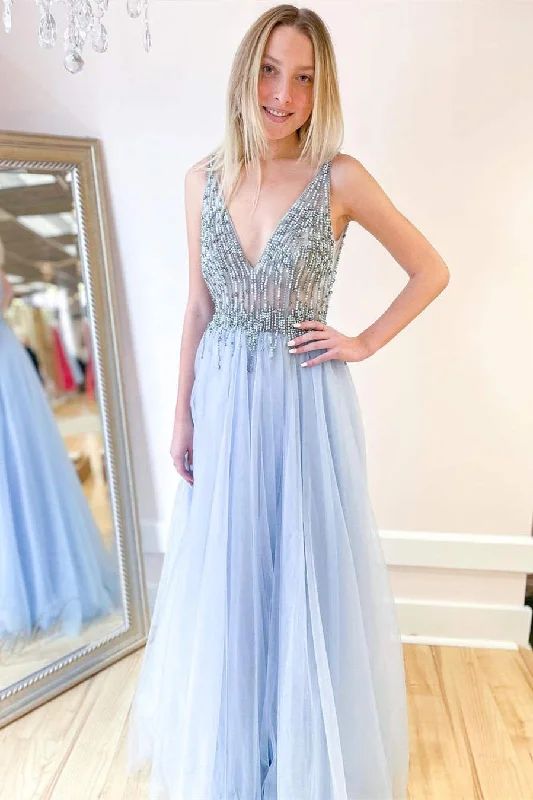 Sale Event A-Line V-Neck Sky Blue Beaded Long Prom Dress