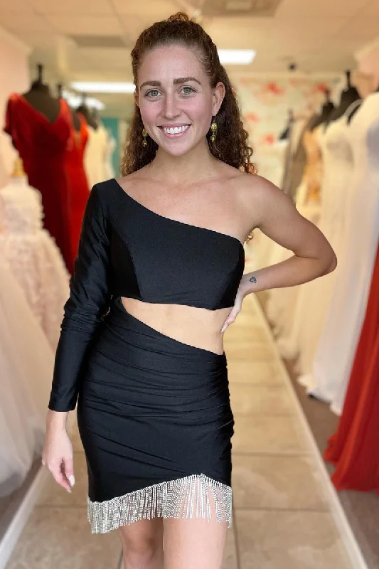 Massive Deals Black Long Sleeve Side Cutout Short Homecoming Dress with Fringes