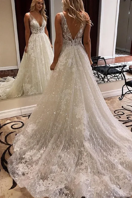 Price Cut Rustic A-line V-Neck Ivory Wedding Dress with Appliques