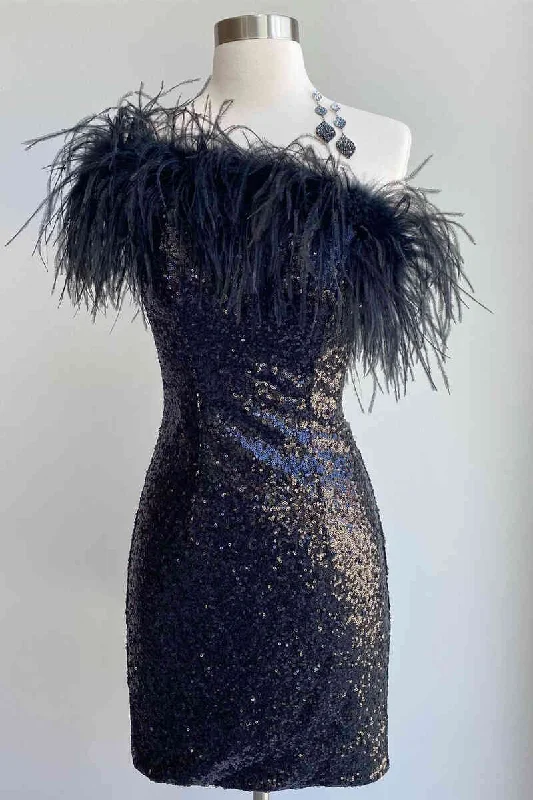 Big Discounts Balck Sequins One Shoulder Tight Homecoming Dress with Feather